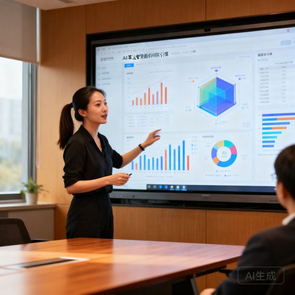 AI算法负责人张敏，31岁女性，扎马尾辫，在会议室大屏幕前演示智能推荐引擎的数据模型